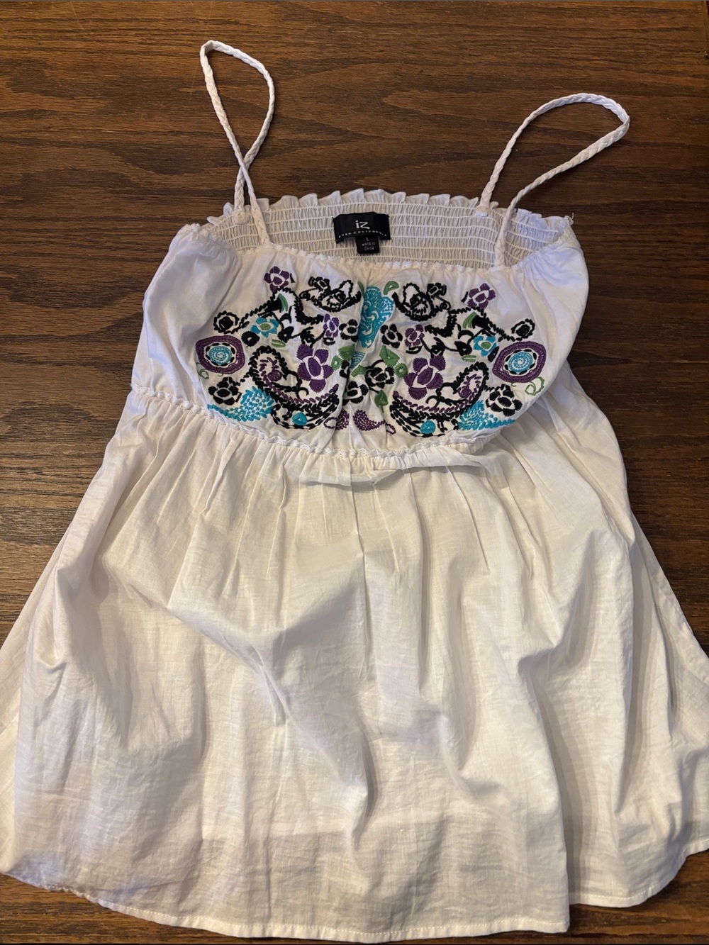 Iz Byer White Embroidered Tank Top with Purple Teal Accents